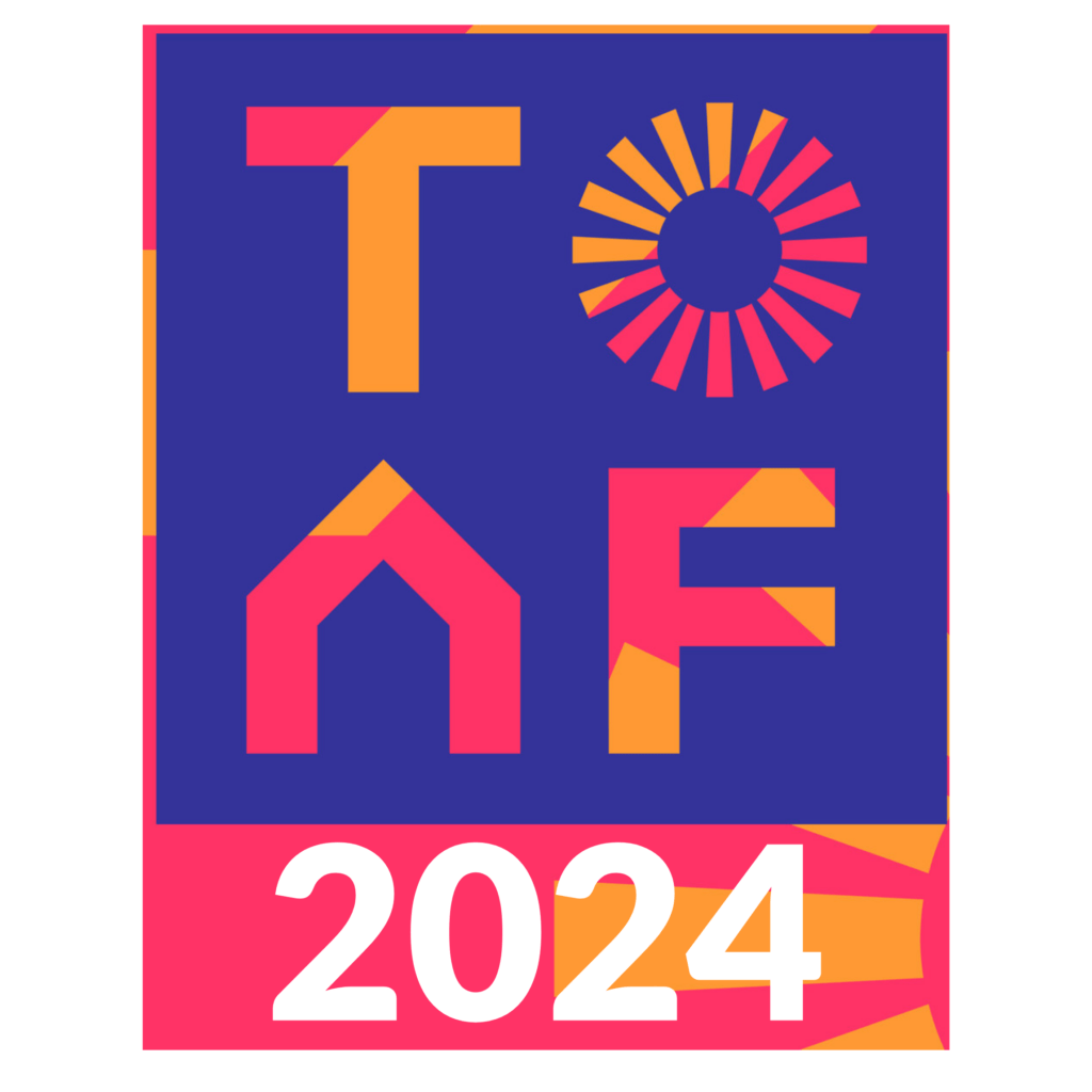 Graphic tile for the 2024 Toronto Outdoor Art Fair, showcasing a contemporary design with the acronym 'TOAF' prominently featured. The 'T' and 'O' are displayed in purple and orange, respectively, with the 'O' stylized as a sun motif, emphasizing the outdoor nature of the fair. The 'A' is creatively represented as a red tent, hinting at the fair's iconic tented displays, and the 'F' in yellow complements the vibrant color scheme. The background is deep blue, with '2024' boldly stated at the bottom in a bright pink hue, signifying the event's year